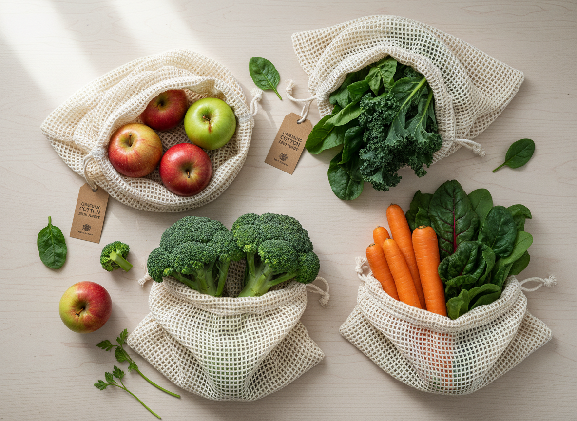Organic cotton mesh produce bags filled with fresh vegetables and fruits on a wooden surface