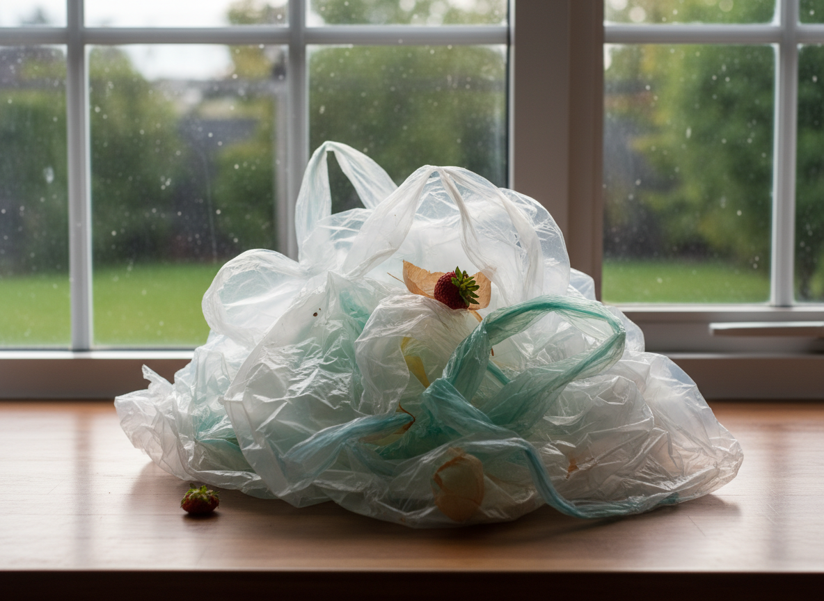 A pile of crumpled single-use plastic produce bags on a kitchen counter