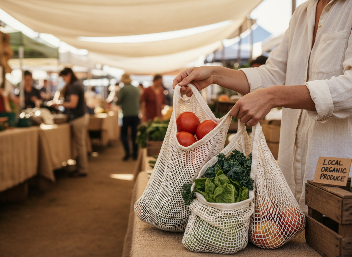 Hands packing organic cotton mesh bags with fresh produce at a farmers market