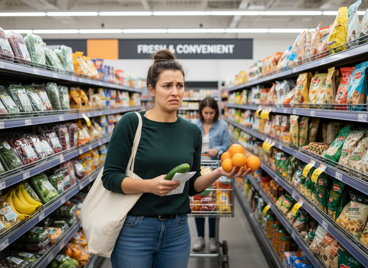 A person standing in a grocery store aisle looking overwhelmed by shelves of plastic-wrapped produce and packaged goods, illustrating the challenge of avoiding plastic while shopping