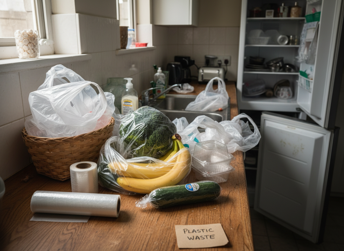 A cluttered kitchen counter covered in single-use plastic bags, cling wrap, and plastic-wrapped vegetables, illustrating everyday plastic overuse at home