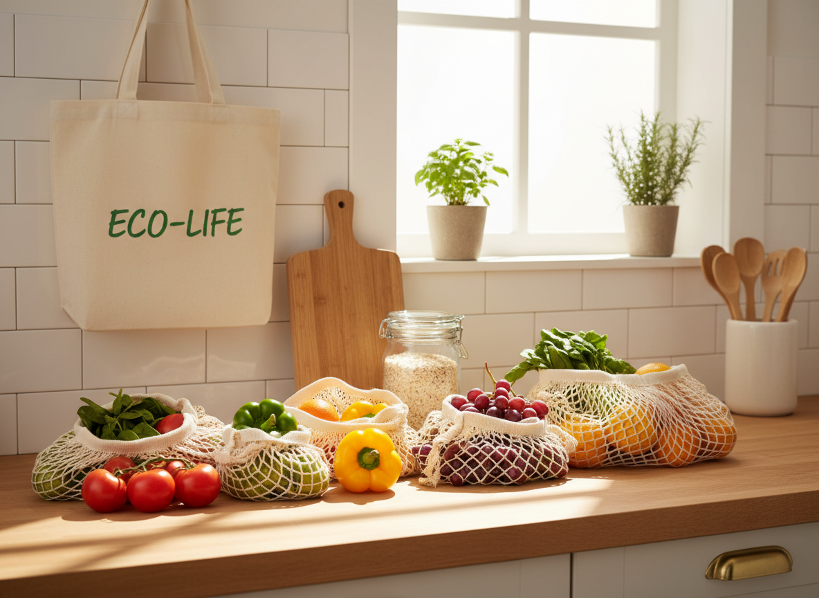 A bright, organised kitchen counter with reusable organic cotton mesh produce bags filled with fresh vegetables and fruits, with zero plastic in sight — warm natural light, clean and inviting, eco-friendly lifestyle