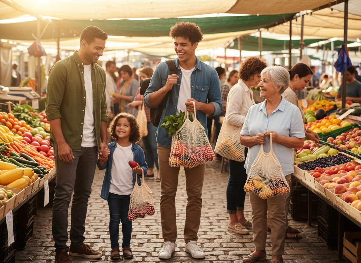 Diverse everyday people smiling while shopping at a farmers market with reusable organic cotton mesh produce bags, surrounded by fresh colourful vegetables and fruit — natural light, community feel, zero plastic visible