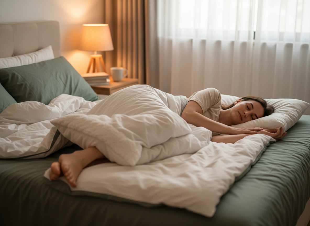 Person sleeping on their back with a pillow under their knees, demonstrating the best sleep position for hip pain relief