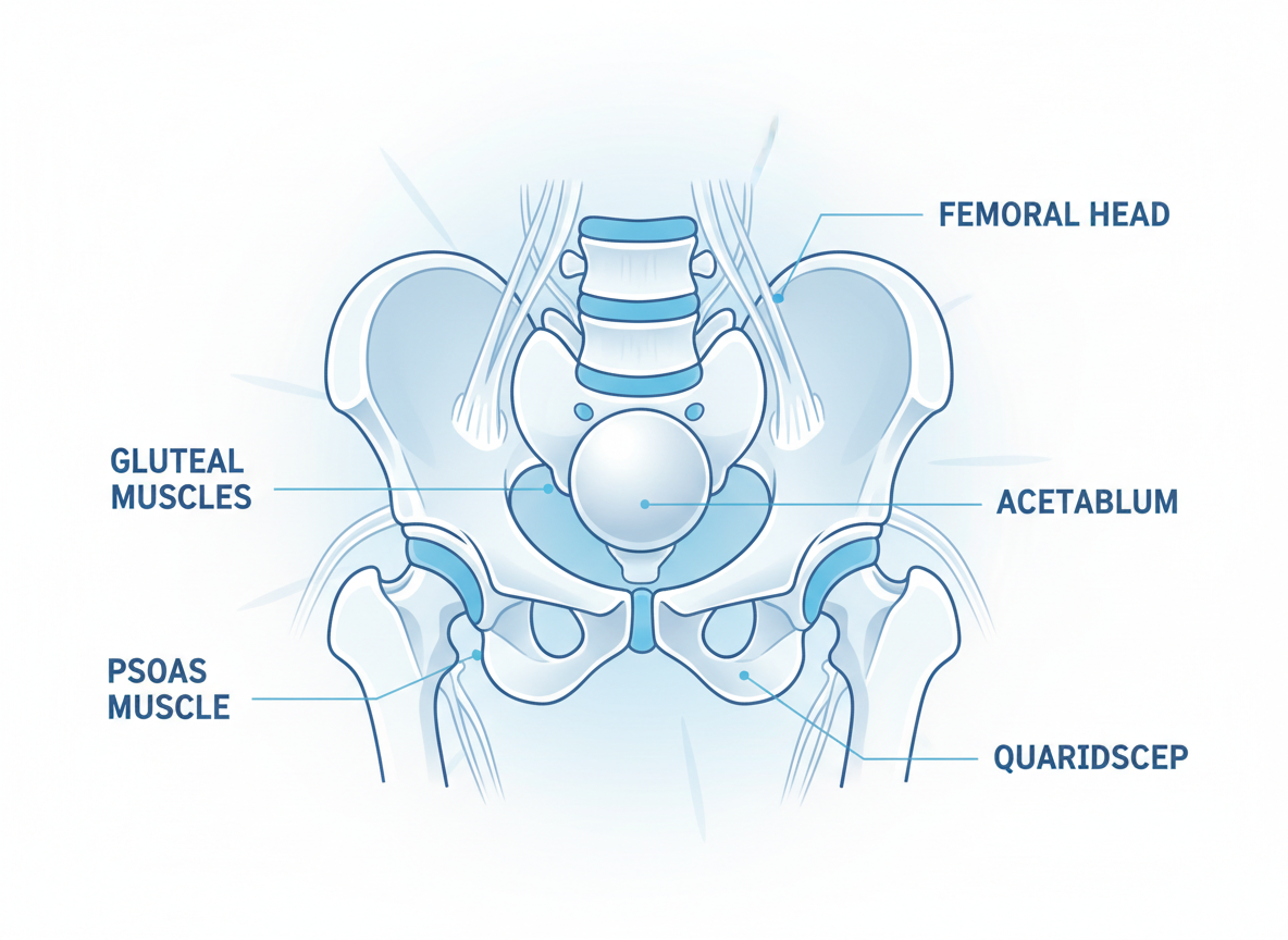 Medical illustration of the hip joint showing the socket, femur head, and surrounding muscles that contribute to nighttime hip pain