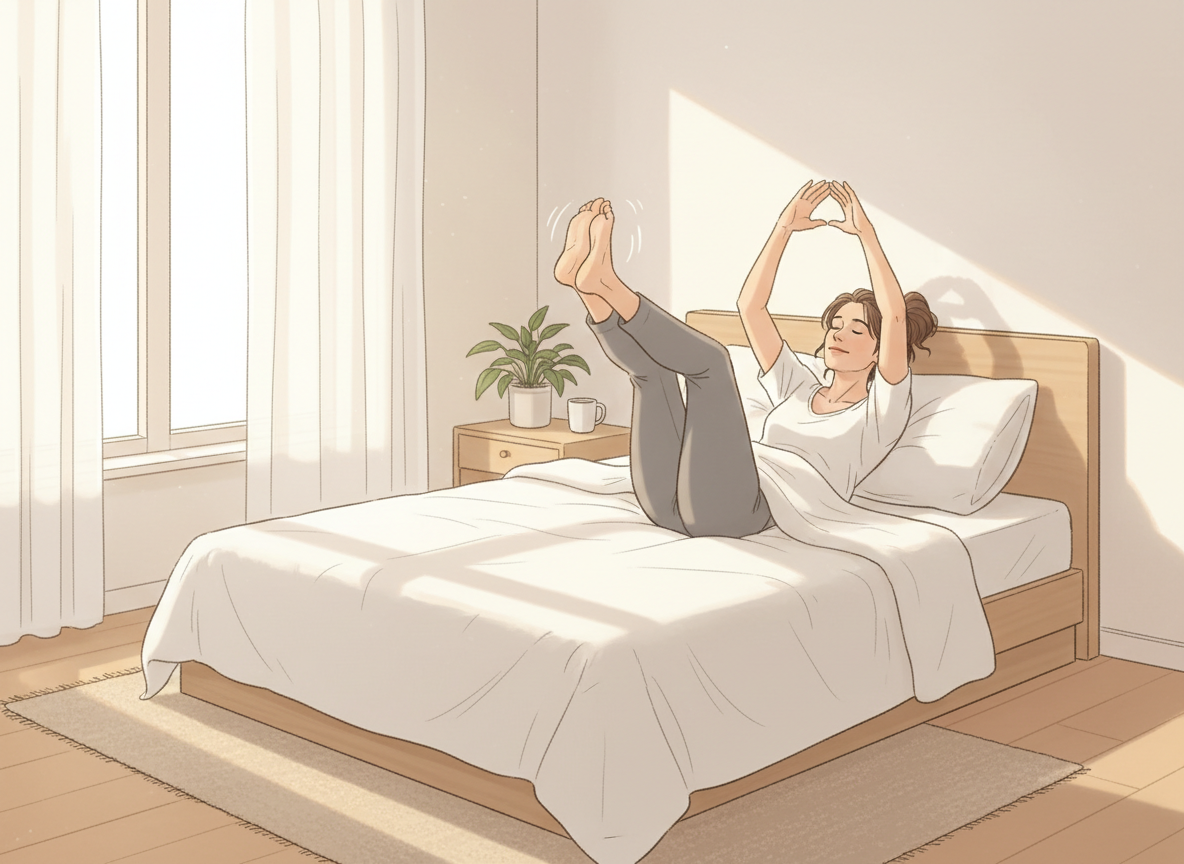Person over 40 doing a gentle bedside mobility routine in soft morning light — knees bent, ankles and wrists rotating to ease joint stiffness