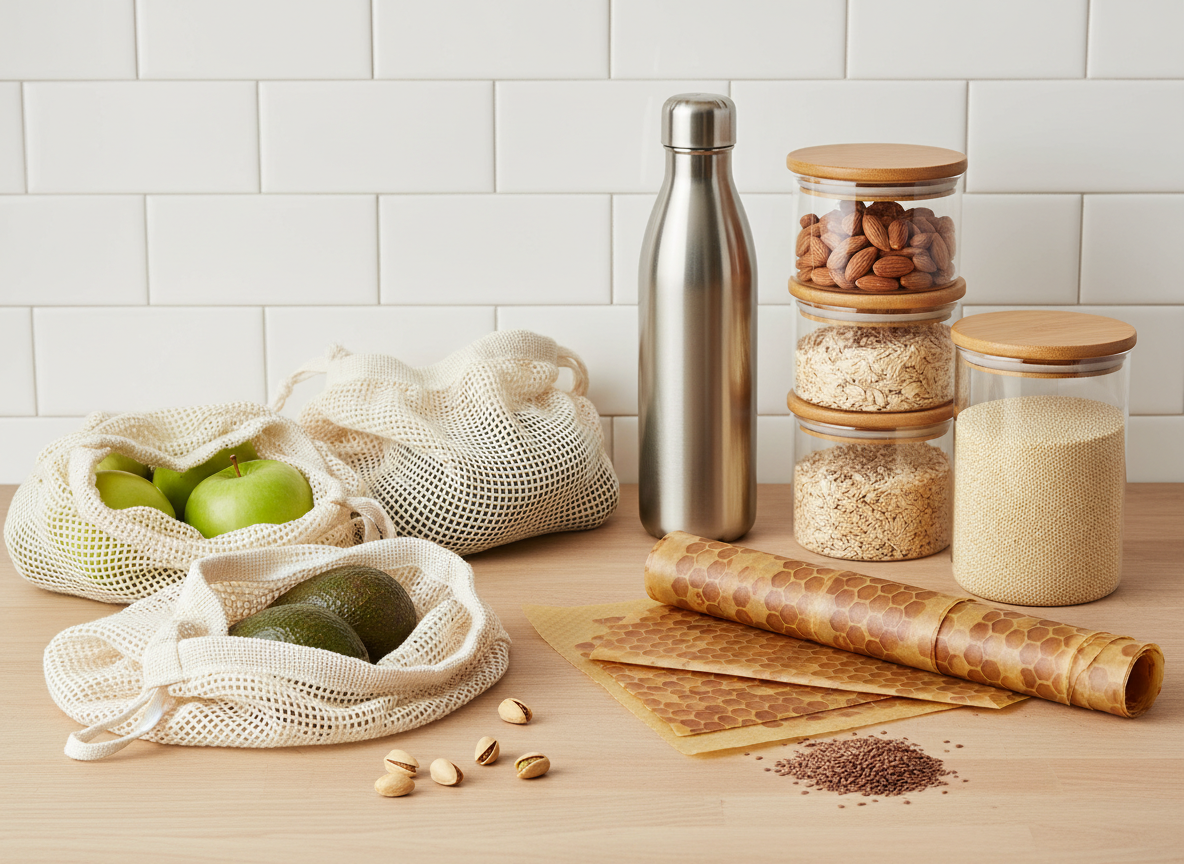 A bright kitchen counter with reusable mesh produce bags, beeswax wrap, a stainless steel water bottle, and glass containers of bulk grains — plastic-free swaps for healthy aging and joint health