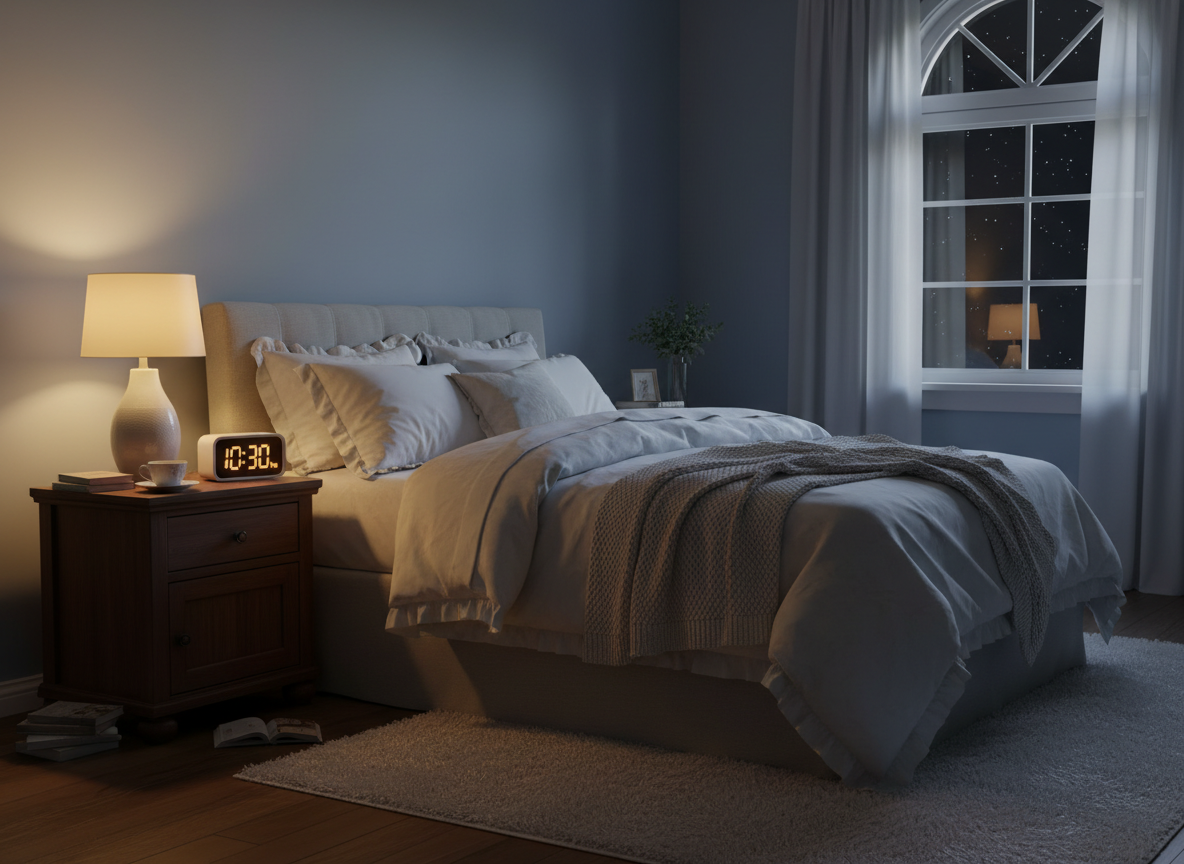 A cozy bedroom at night with a softly glowing alarm clock on the nightstand, warm ambient lighting, and white linens — illustrating the importance of a consistent sleep schedule for better rest