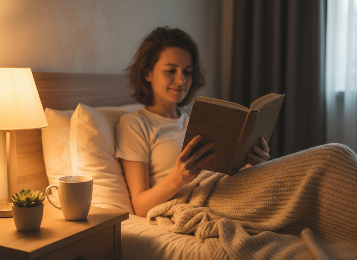 A person reading a physical book in bed under warm dim lighting with a cup of herbal tea on the nightstand — depicting a calming pre-sleep wind-down bedtime routine