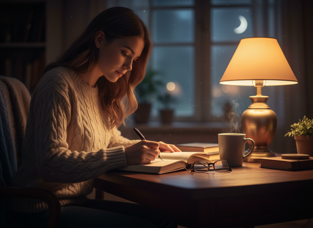 A person writing in a journal by warm lamplight in the evening — a stress relief journaling ritual before bed to calm the mind and improve sleep quality