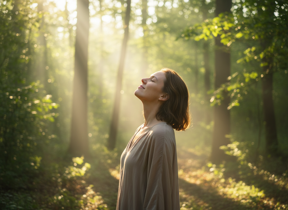 A person standing outside in the morning sunlight with eyes gently closed and face tilted upward — morning light exposure to regulate circadian rhythm and improve sleep quality