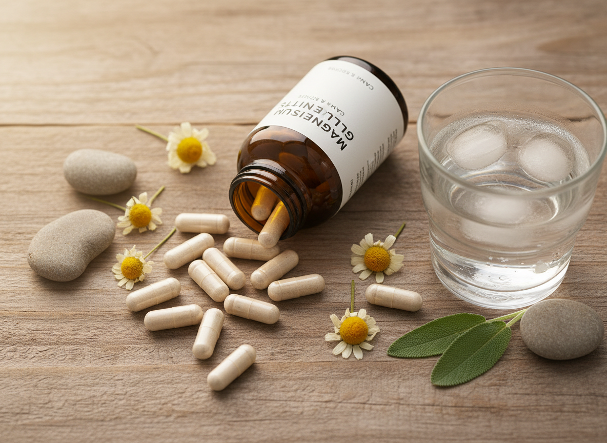 Magnesium glycinate capsules spilling from an amber glass bottle on a wooden surface with a glass of water, a natural remedy for better sleep