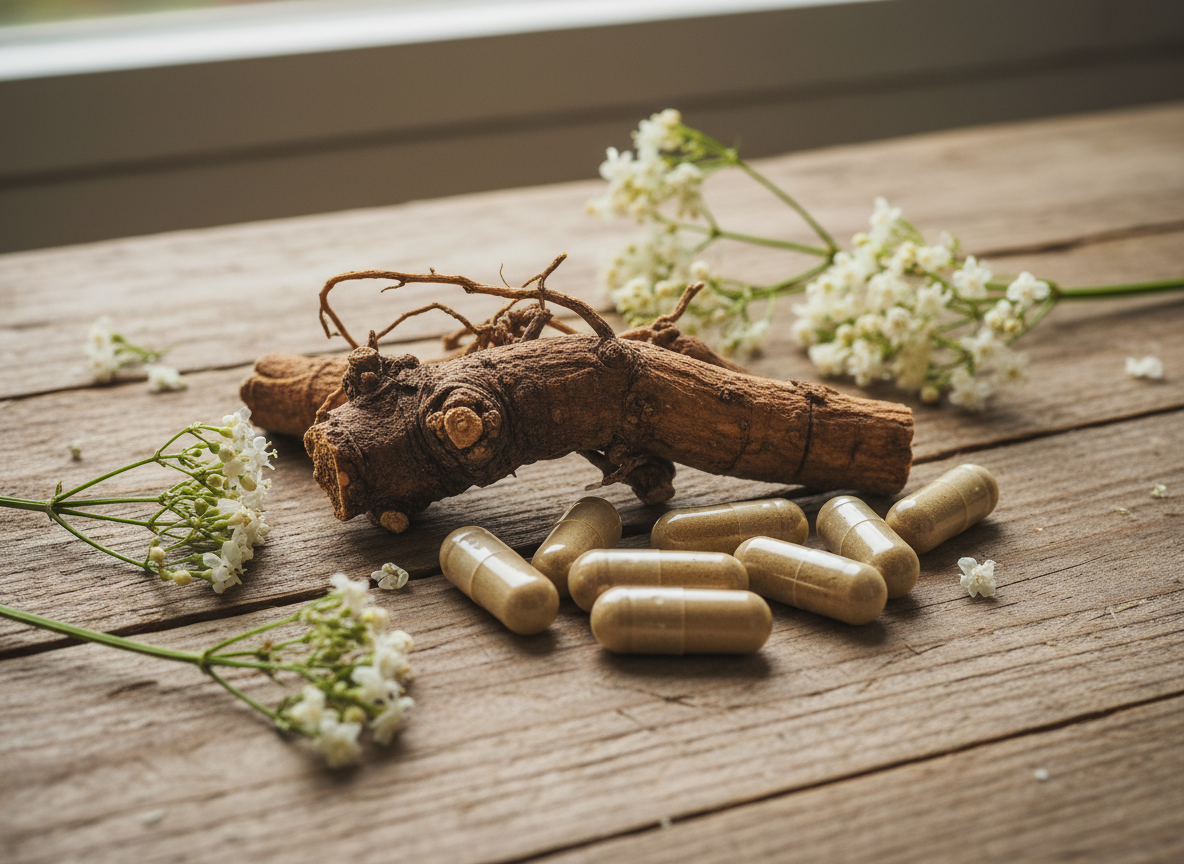 Dried valerian root and herbal capsules on a rustic wooden surface surrounded by small white valerian flowers, a natural herbal sleep aid