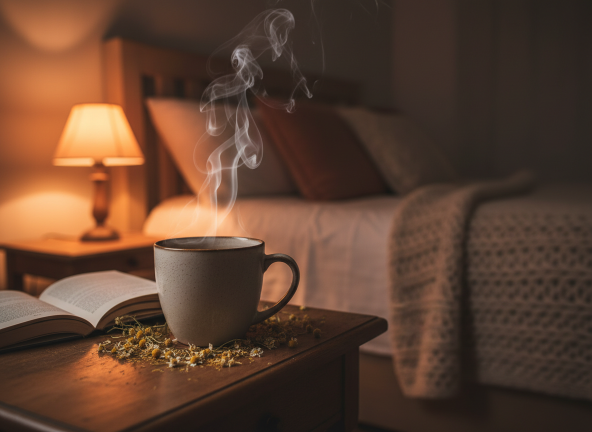 A steaming cup of chamomile tea on a bedside table at night with dried chamomile flowers and warm lamp light, a calming bedtime ritual for better sleep