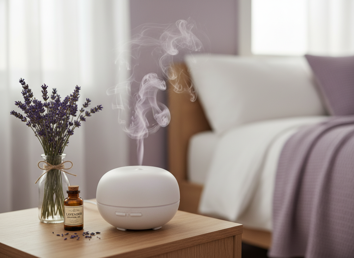 A ceramic essential oil diffuser with lavender mist on a nightstand beside fresh lavender sprigs and a bottle of lavender essential oil for sleep aromatherapy