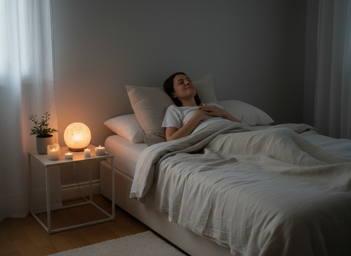 A person lying peacefully in bed with eyes closed and hands on chest, practicing progressive muscle relaxation and deep breathing for better sleep