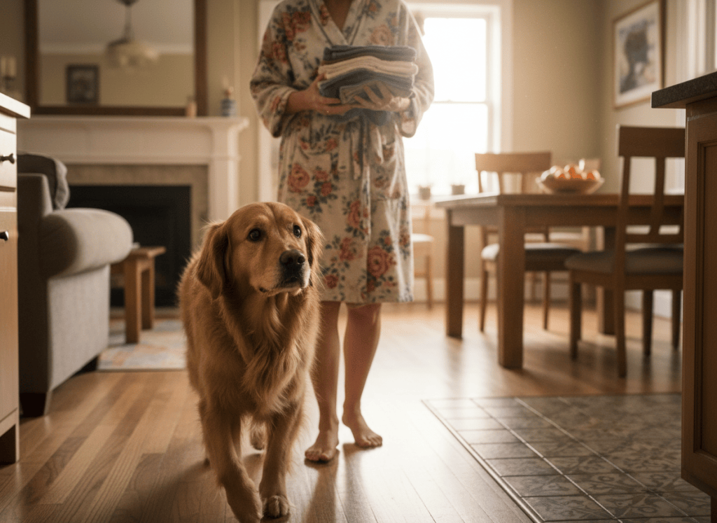 Dog closely following its owner from room to room — a subtle sign of pain-related clinginess