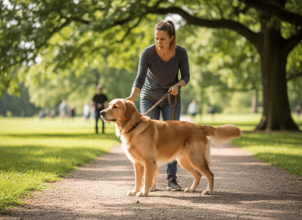 Dog freezing mid-walk on a park path — a commonly missed pain signal in dogs