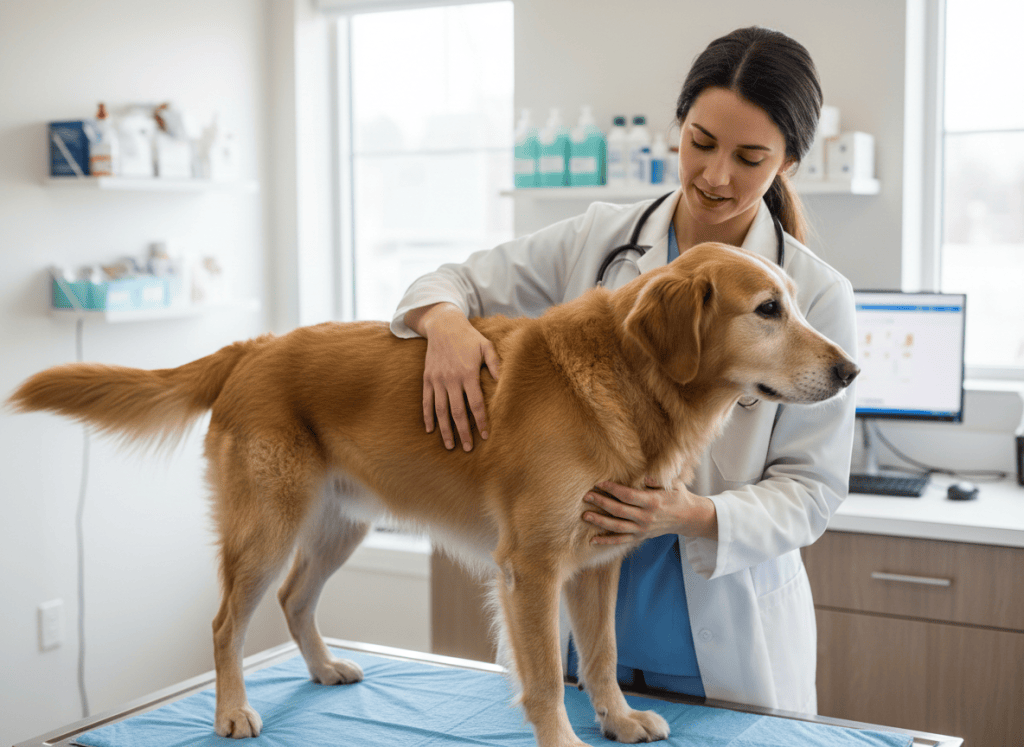 Veterinarian gently examining a dog on an exam table to check for hidden pain and discomfort