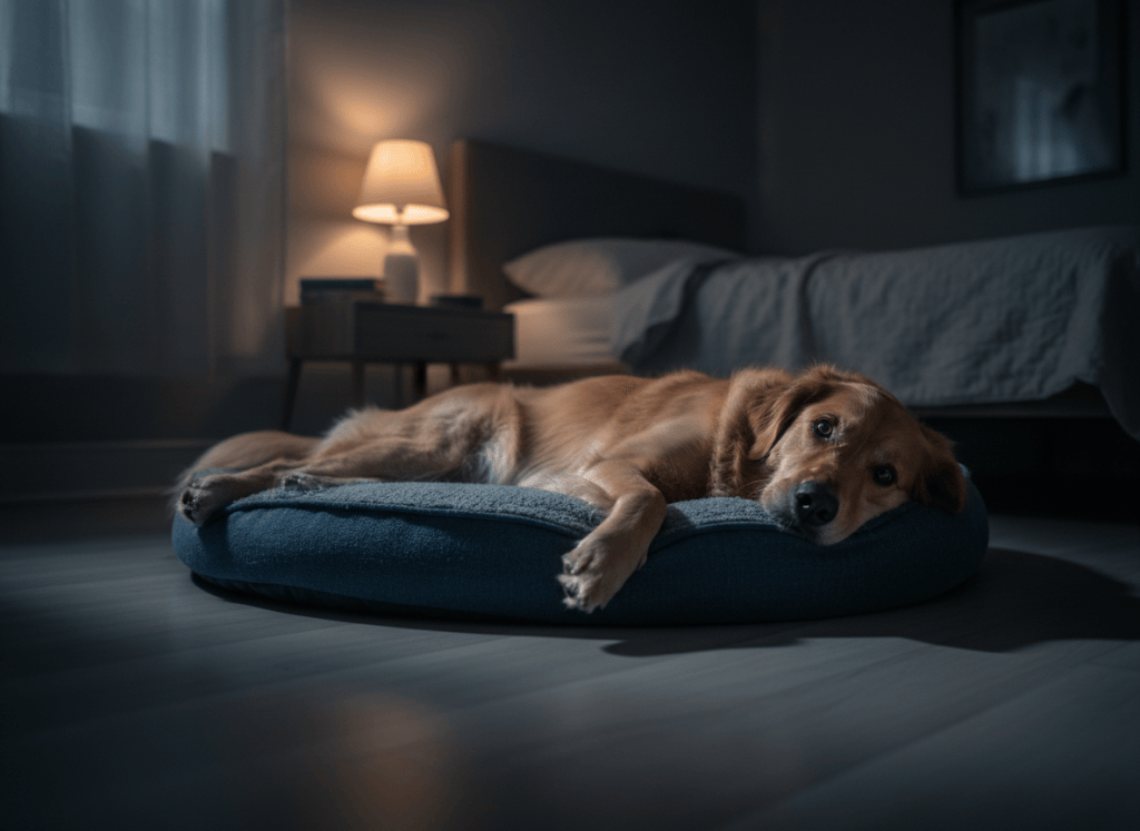 Dog lying restlessly on its bed at night, stretched flat instead of curled up — a subtle pain signal owners often miss