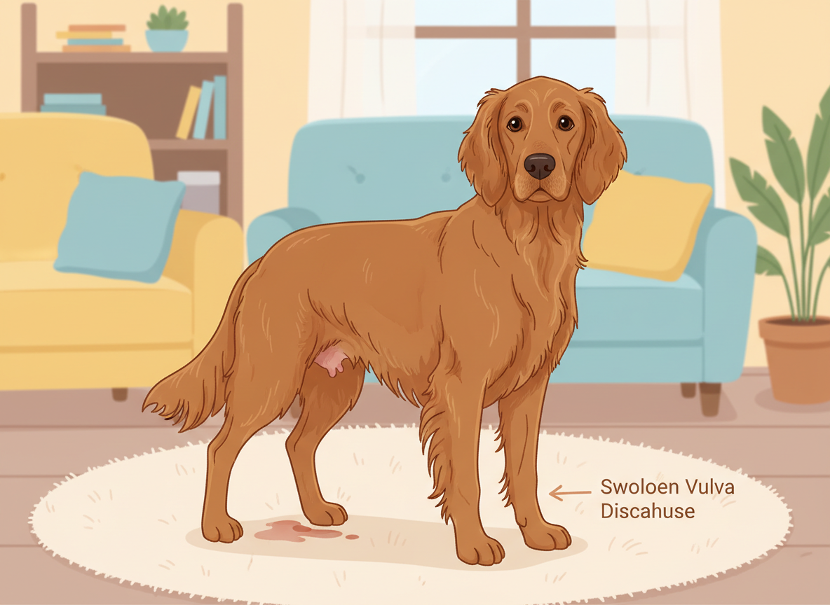 Stage 1 Proestrus — female dog showing early heat cycle signs including vulva swelling and reddish discharge