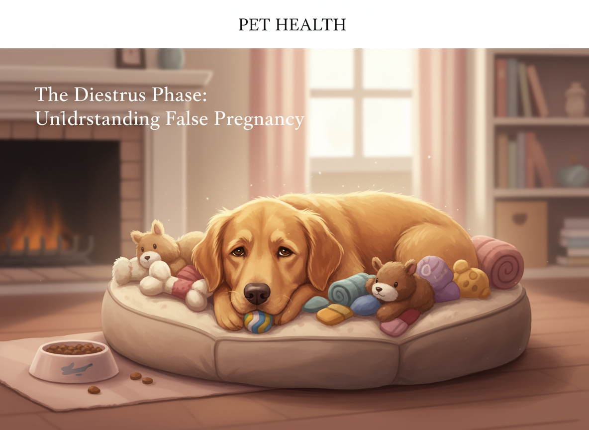 Stage 3 Diestrus — female dog exhibiting false pregnancy symptoms including nesting behavior and lethargy
