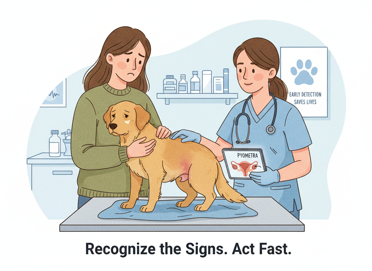 Dog owner at veterinary clinic with female dog — recognizing pyometra warning signs and seeking urgent vet care