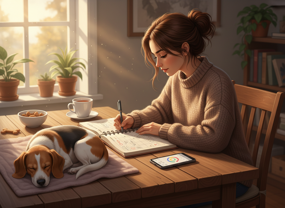 Responsible dog owner tracking heat cycle dates in a notebook with female dog resting nearby