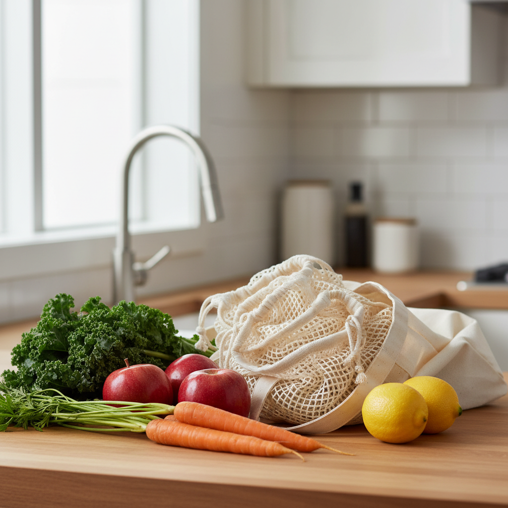 Create a realistic editorial lifestyle photograph for an article about building a plastic-free grocery routine. Show several empty organic cotton mesh produce bags arranged in a reusable canvas grocery tote beside fresh produce such as leafy greens, apples, carrots, and lemons on a bright natural kitchen counter. Emphasize the cotton mesh texture and practical grocery use. No QR codes, no text, no logos, no labels, no signage, no barcodes, and no readable writing.