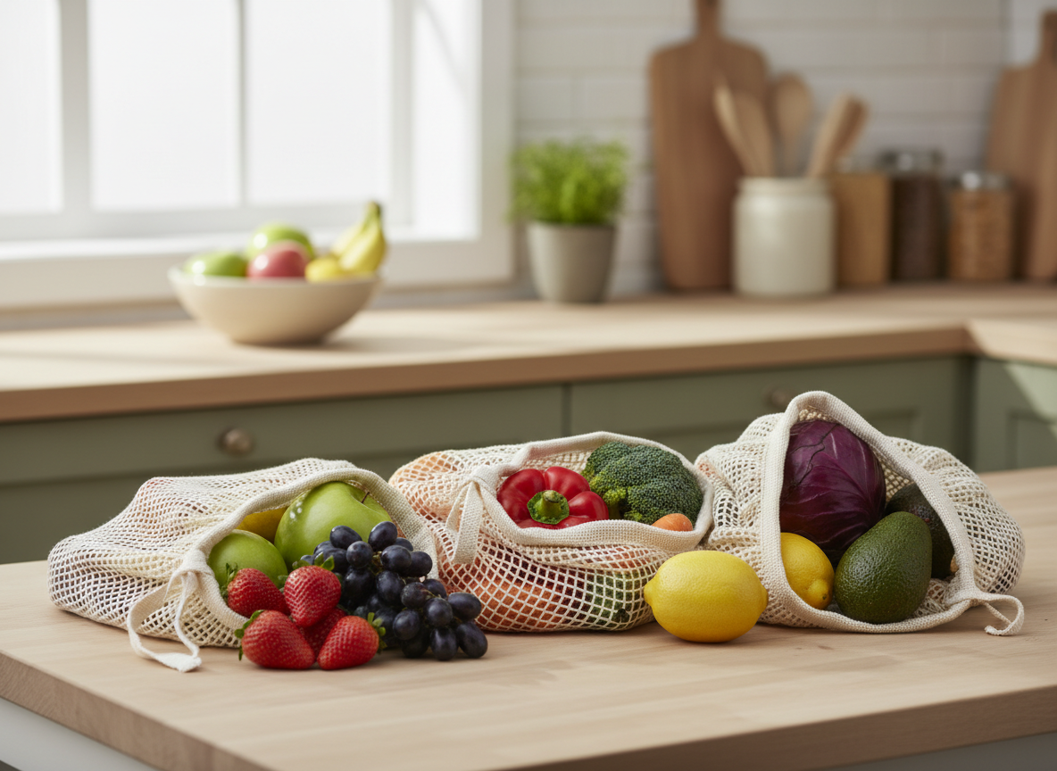 Reusable organic cotton mesh produce bags filled with fresh fruits and vegetables on a kitchen counter.
